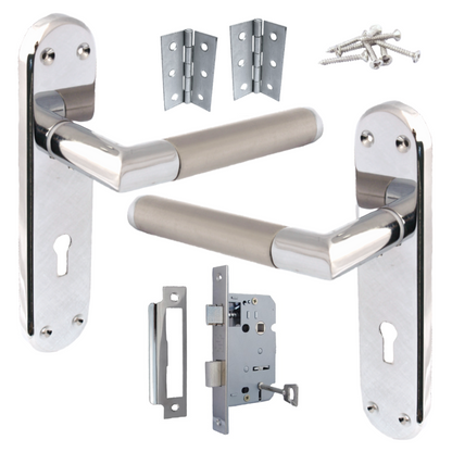 Pack de poignées de porte à levier droit à onglet Duo - Charnières chromées satinées 180 mm x 40 mm