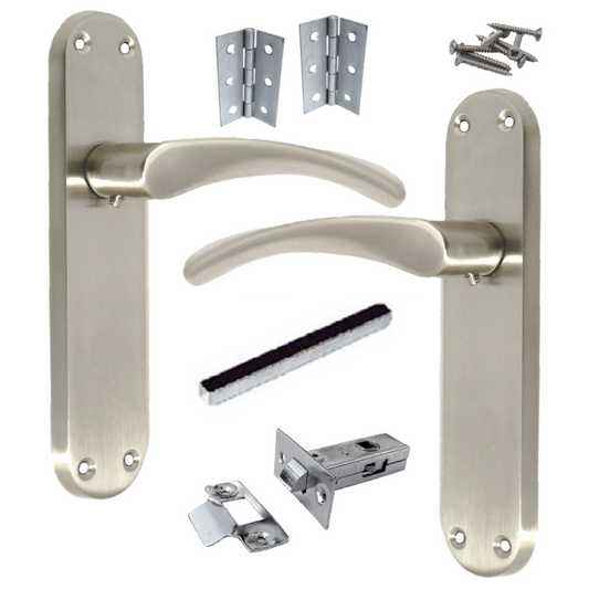 Poignées de porte Monja Astrid, levier arqué, charnières à loquet satinées, pack