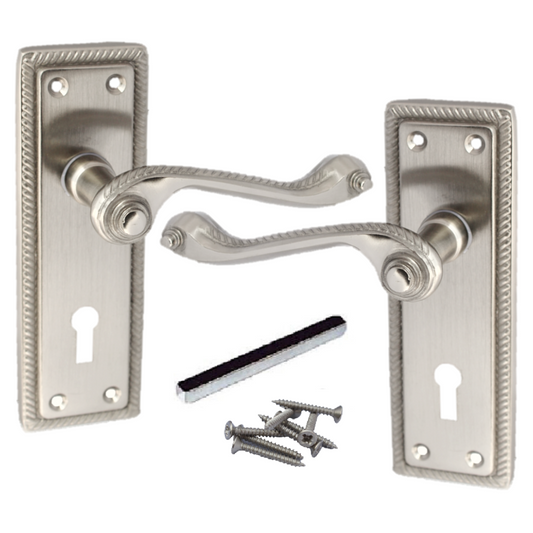 Poignées de porte à levier style géorgien, bord cordé, satiné, 150 mm x 50 mm