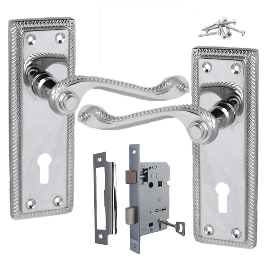 Poignées de porte géorgiennes avec serrure à clé, paire, chromées, 150 mm x 48 mm, plaque arrière avec serrure