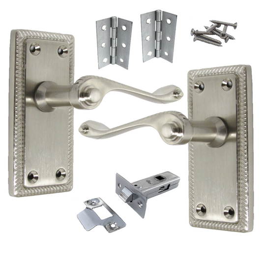 Poignées de porte à loquet style géorgien satinées, paire de charnières et loquets de 7,6 cm (3 po)