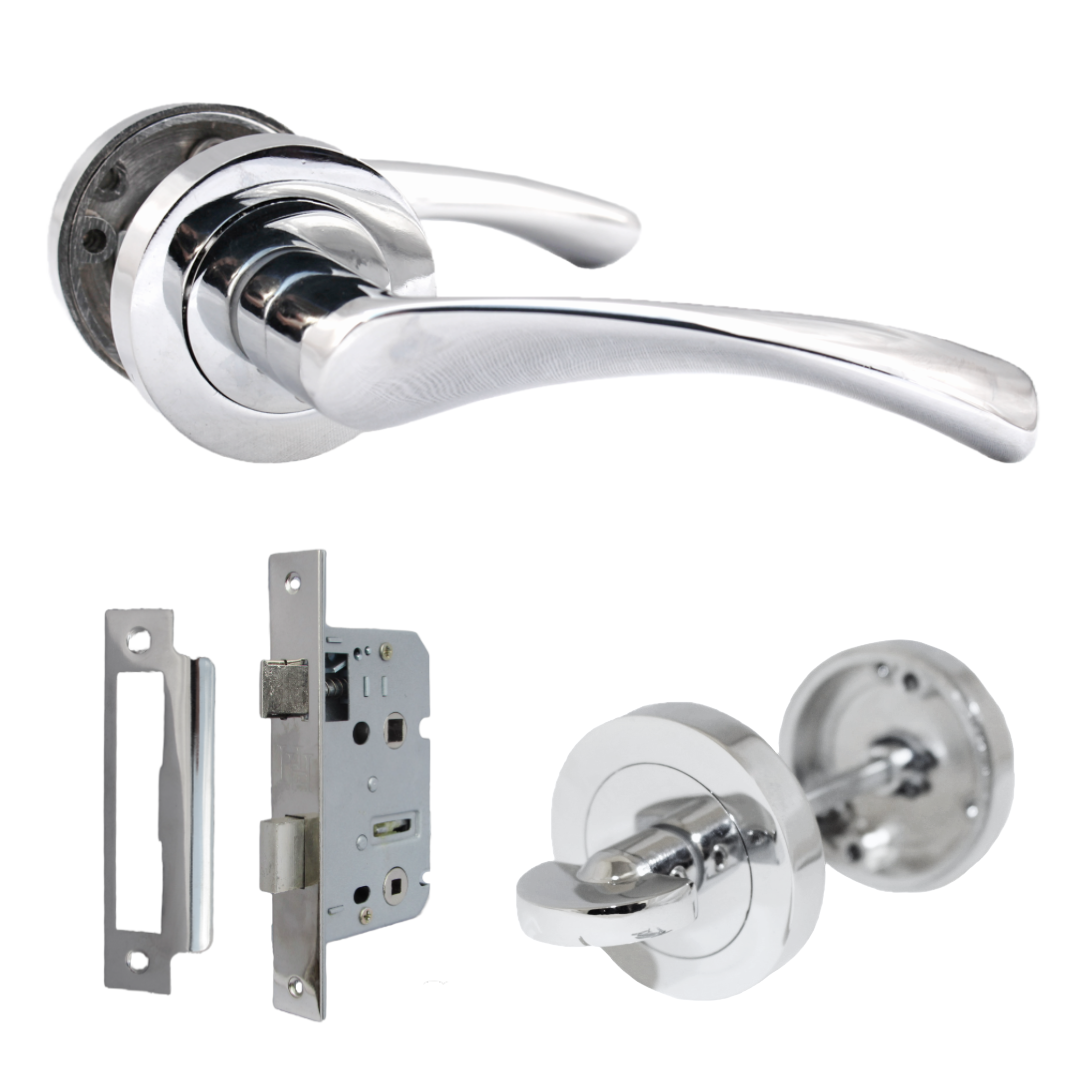 Poignées de porte Astrid à levier tournant sur rosace chromée pour salle de bain, 120 mm