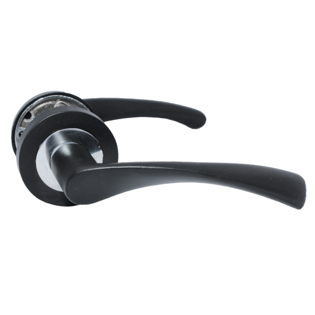 Poignées de porte Astrid à levier rotatif sur rosace Duo, noir mat, chrome, serrure à bouton pour salle de bain, 120 mm