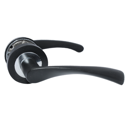 Poignées de porte Astrid à levier rotatif sur rosace Duo, noir mat, chrome, serrure à bouton pour salle de bain, 120 mm