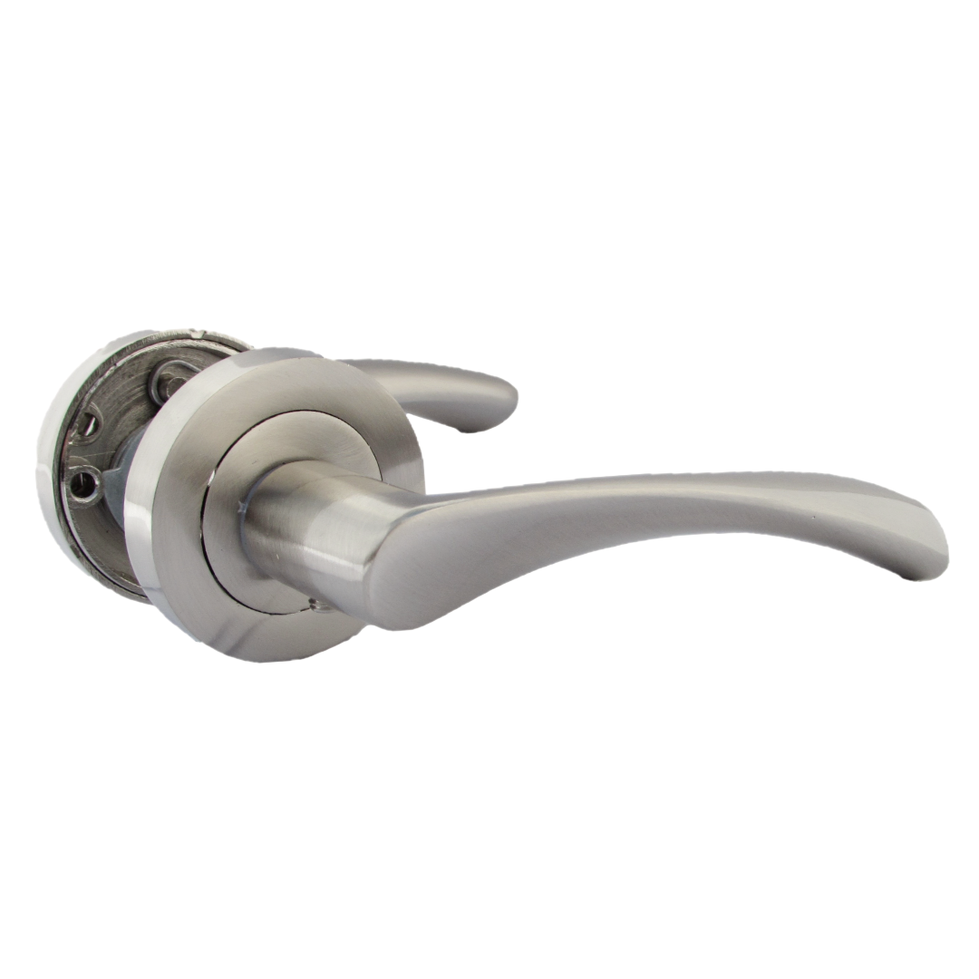 Poignées de porte Astrid à levier rotatif sur rosace satinée pour salle de bain, 120 mm