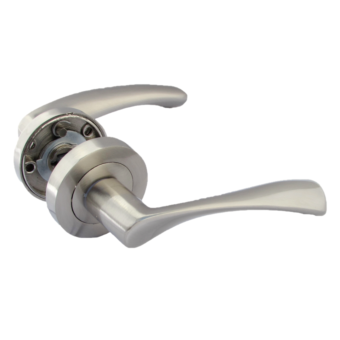 Poignées de porte Astrid à levier rotatif sur rosace satinée pour salle de bain, 120 mm