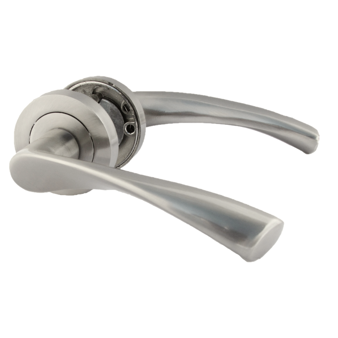 Poignées de porte Astrid à levier rotatif sur rosace satinée pour salle de bain, 120 mm