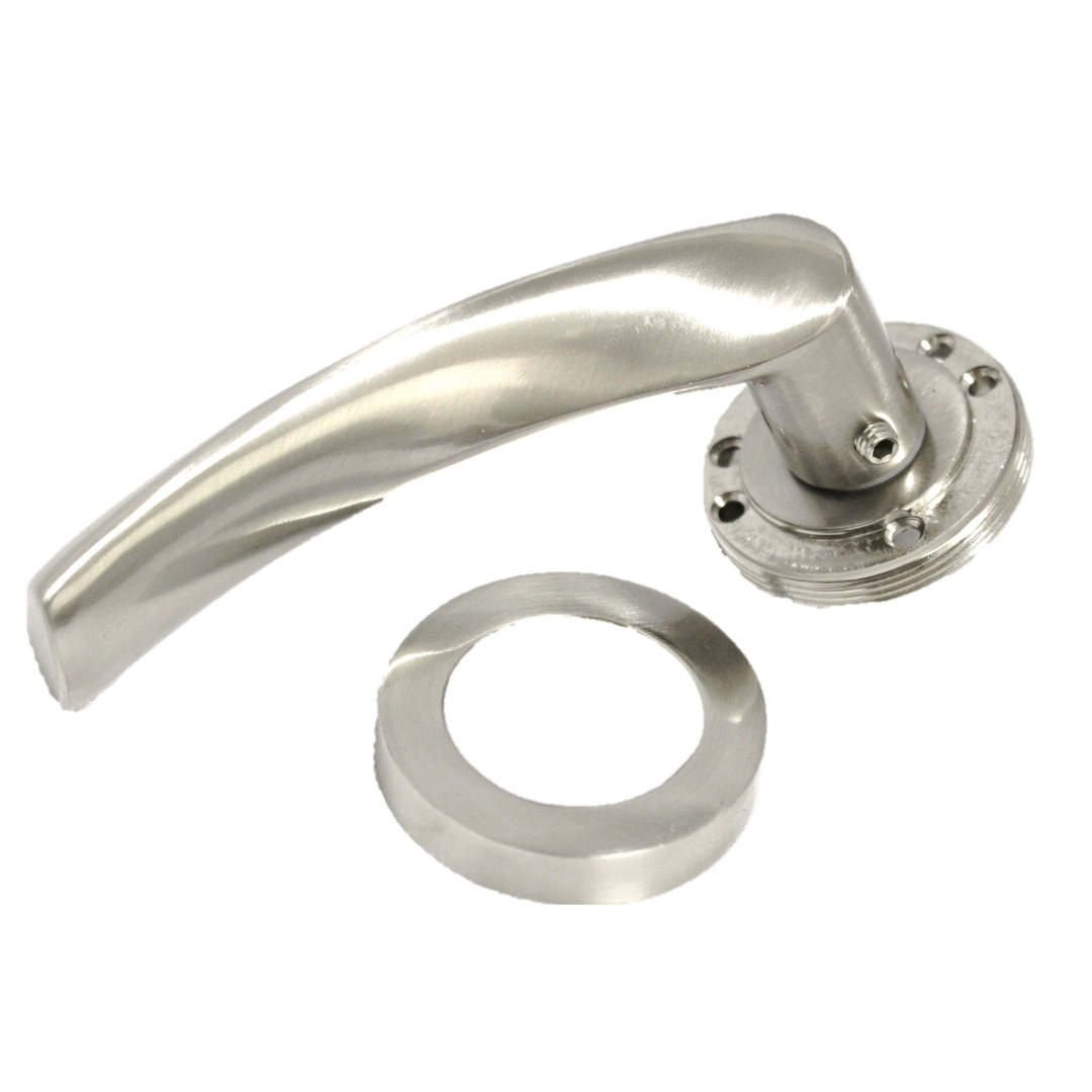 Poignées de porte Astrid à levier rotatif sur rosace satinée pour salle de bain, 120 mm