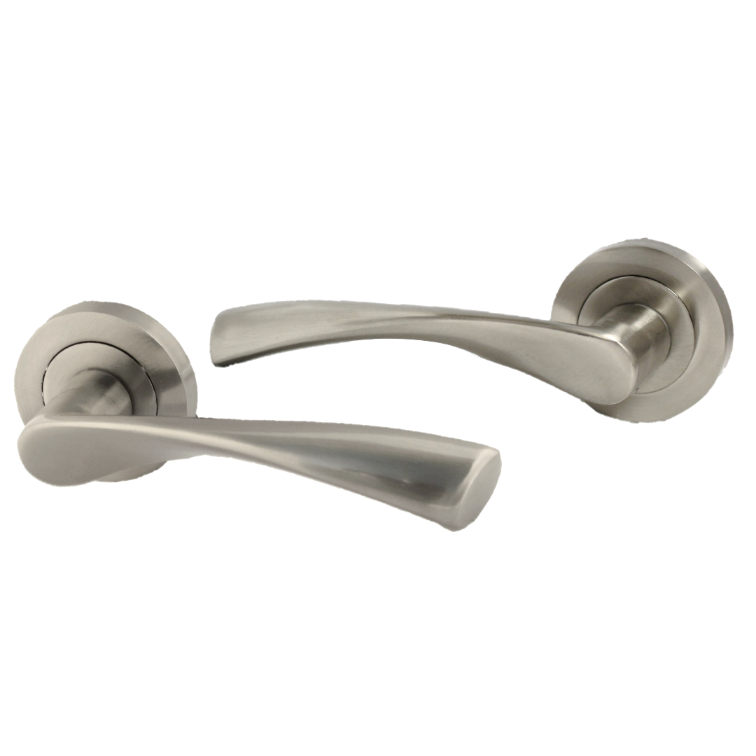 Poignées de porte Astrid à levier rotatif sur rosace satinée pour salle de bain, 120 mm