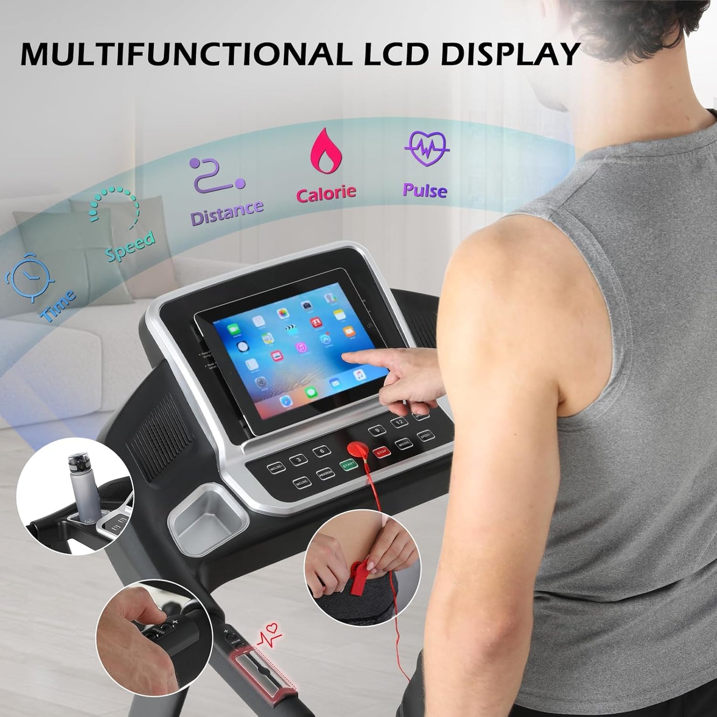 ISE tapis de course pliable 735W, LCD, 16km/h, Bluetooth, marche/course