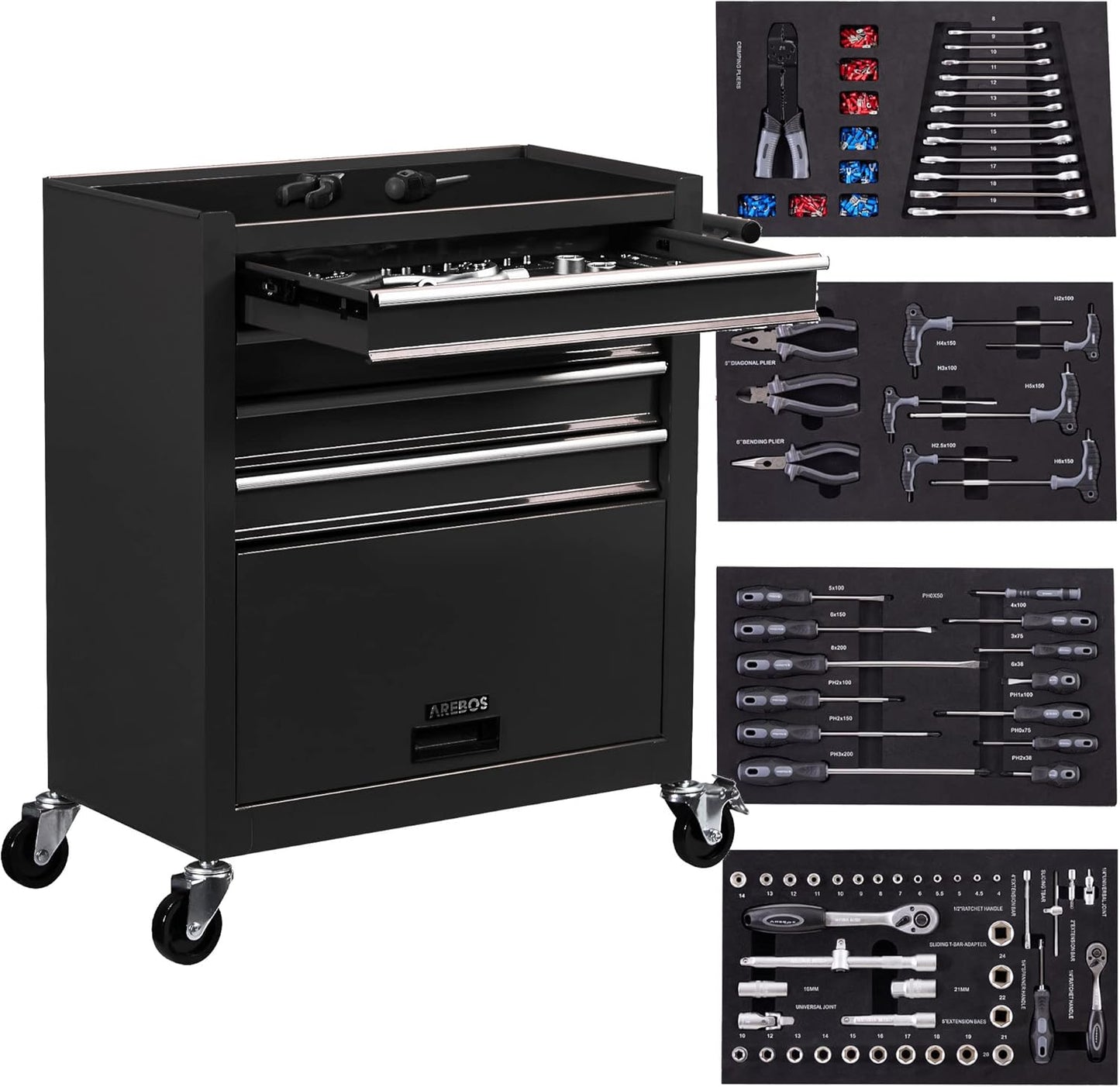 AREBOS chariot atelier 4 tiroirs, 81 outils, roulettes freinées, noir