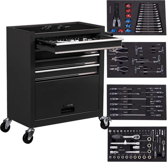 AREBOS chariot atelier 4 tiroirs, 81 outils, roulettes freinées, noir