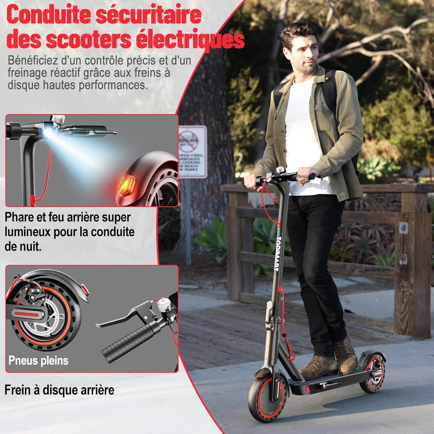 TODIMART T3 trottinette électrique 350W/35km, pneus nid d'abeille, charge 120kg