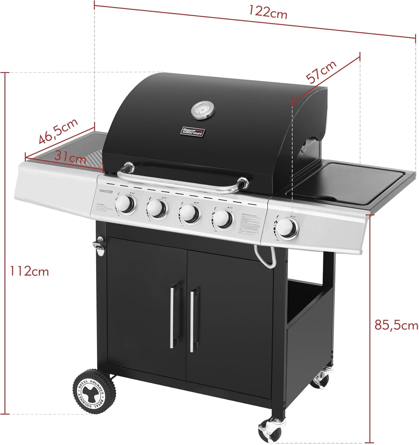Royal Gourmet barbecue gaz 4+1 brûleurs inox, 14.5kW, jardin, roues et portes