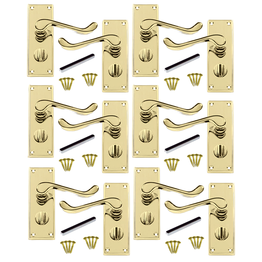 Poignées de porte multi-packs style victorien, levier à volutes, serrure de salle de bain privée - Laiton, 1/4/6 paires