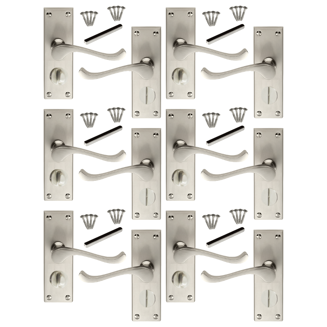 Poignées de porte multi-packs style victorien, levier à volutes, serrure de salle de bain privée - Satin, 1/4/6 paires