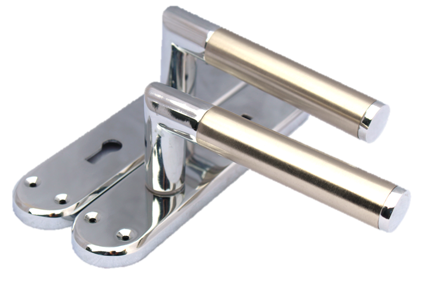 Poignées de porte à levier de verrouillage, finition duo en nickel satiné et chrome, onglet INTÉRIEUR