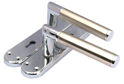 Poignées de porte à levier de verrouillage, finition duo en nickel satiné et chrome, onglet INTÉRIEUR