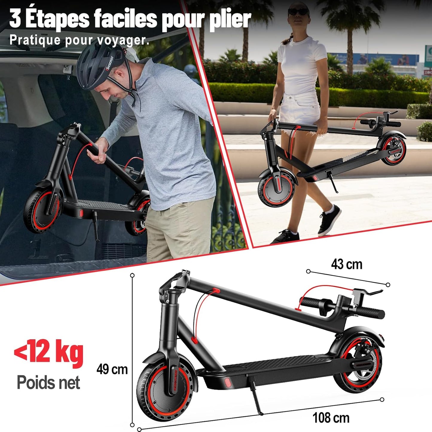 TODIMART T3 trottinette électrique 350W/35km, pneus nid d'abeille, charge 120kg
