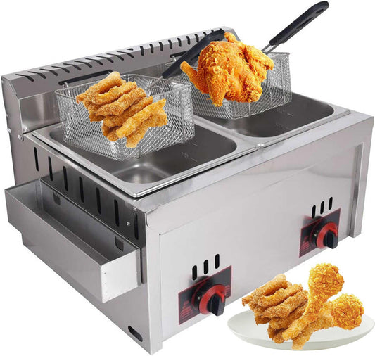 Friteuse à gaz commerciale 2x20L inox, température réglable pour maison/pro