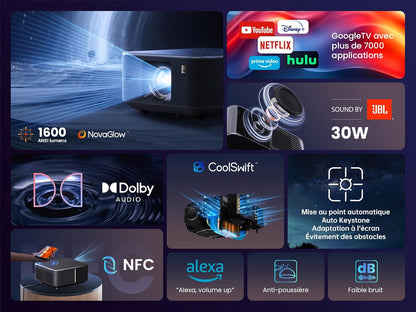 Yaber K3 vidéoprojecteur 1600ANSI, son JBL 30W, WiFi6 Bluetooth, Google TV, gris