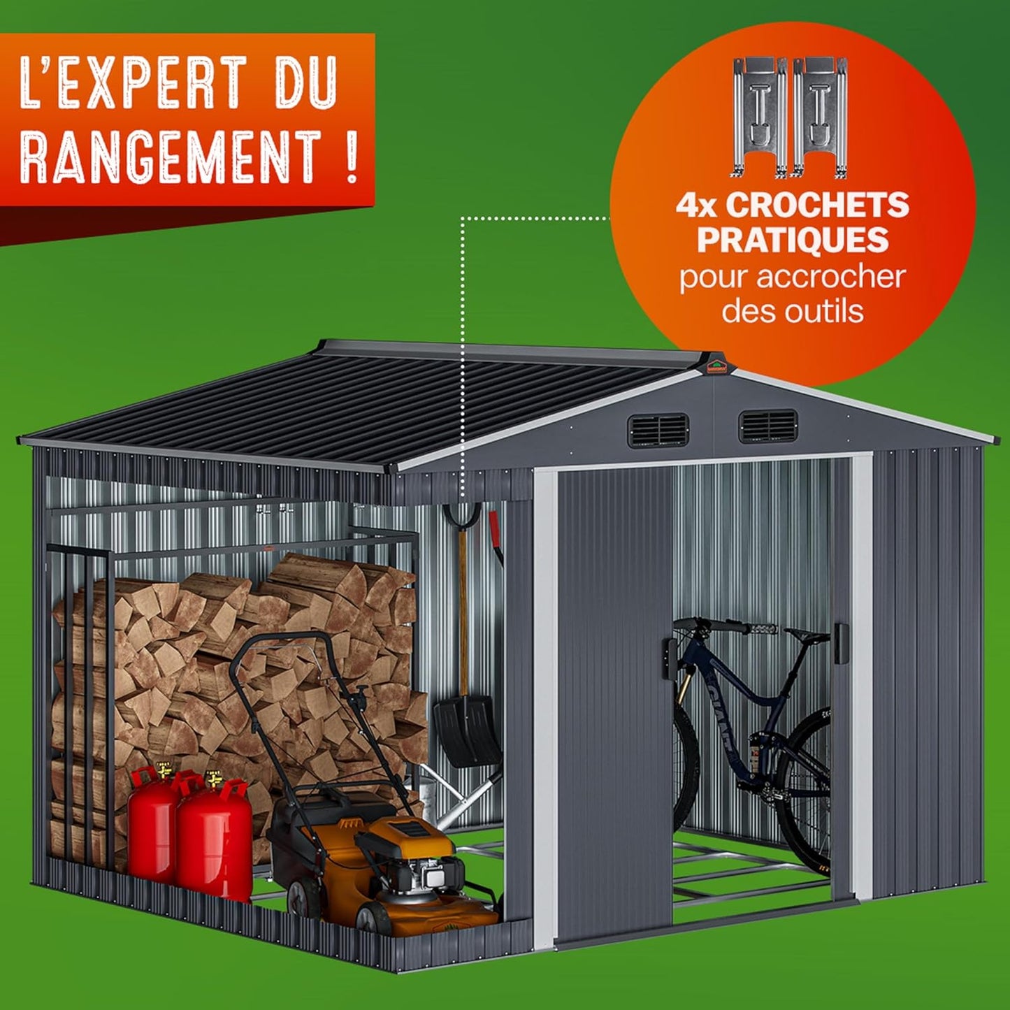 GARDEBRUK abri jardin métal XXL 5m², porte coulissante, fondation incluse