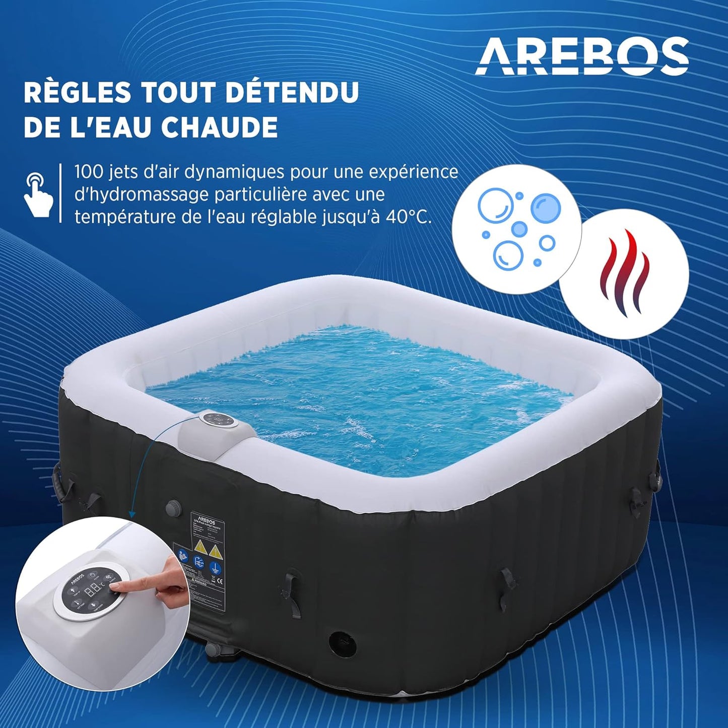 Arebos spa gonflable carré 154cm, 4 places, 100 jets, 600L, intérieur/extérieur