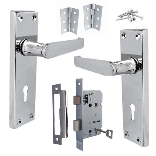 Poignées de porte à levier droit, serrure, clés, charnières - Chrome 150 x 40 mm
