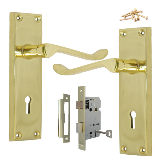 Poignées de porte victoriennes à levier et serrure à volutes - Pack laiton 150 x 40 mm