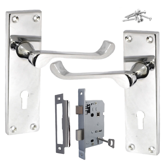 Poignées de porte victoriennes à levier et serrure à volutes - Pack chromé 150 x 40 mm