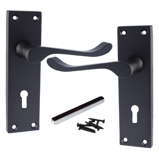 Poignées de porte victoriennes à levier et serrure à volutes - Noir mat 150 x 40 mm