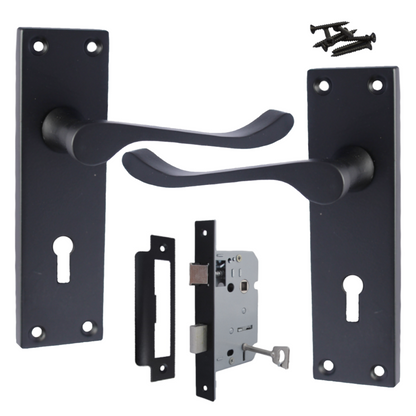 Poignées de porte victoriennes à levier et serrure à volutes - Noir mat, pack 150 x 40 mm