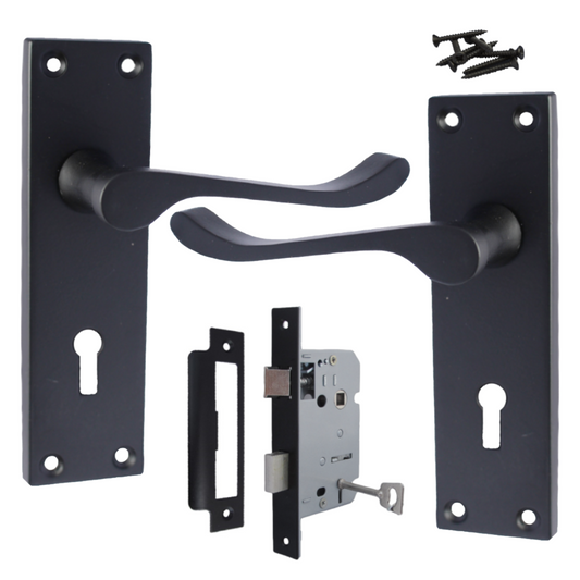 Poignées de porte victoriennes à levier et serrure à volutes - Noir mat, pack 150 x 40 mm