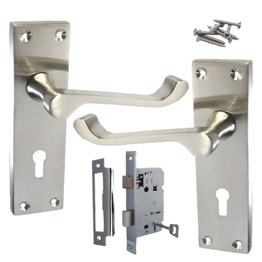 Poignées de porte victoriennes à levier et serrure à volutes - Pack satiné 150 x 40 mm