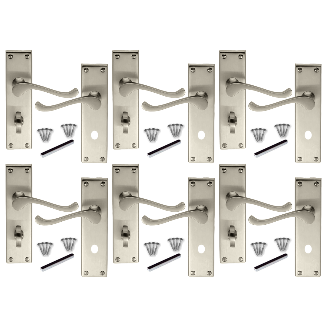 Poignées de porte multi-packs, style victorien, levier à volutes, serrure de salle de bain - Satin, 1/4/6 paires