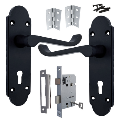 Poignée de porte Epsom avec serrure à clé et levier de défilement - Charnières chromées noir mat
