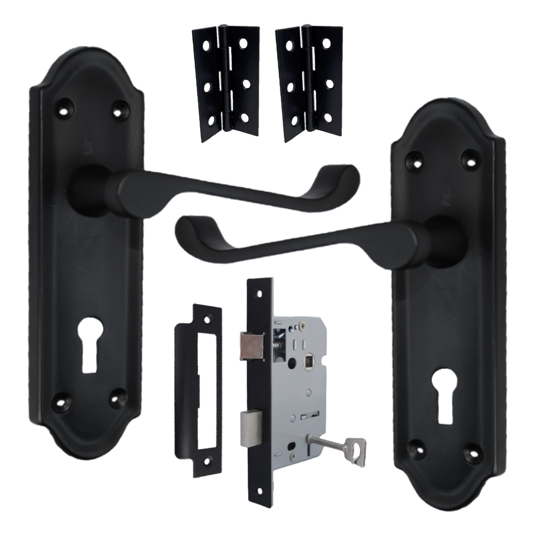 Poignée de porte Ashford avec serrure à clé et levier à défilement - Pack de charnières à clé noir mat