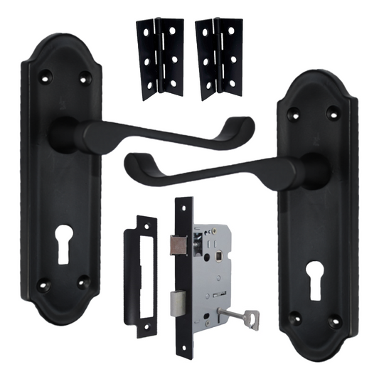 Poignée de porte Ashford avec serrure à clé et levier à défilement - Pack de charnières à clé noir mat