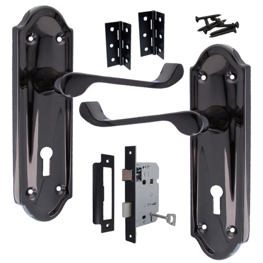 Poignée de porte Ashford à levier de défilement et serrure à clé - Pack de charnières à clé en nickel noir