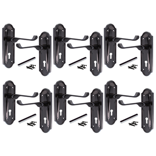 Poignées de porte Ashford multipack, serrure à clé, levier à défilement, nickel noir, 1/4/6 paires