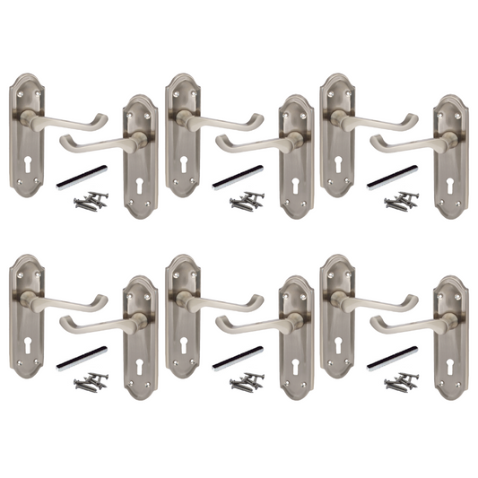 Poignées de porte Ashford multipack, serrure à clé, levier à défilement, satin, 1/4/6 paires