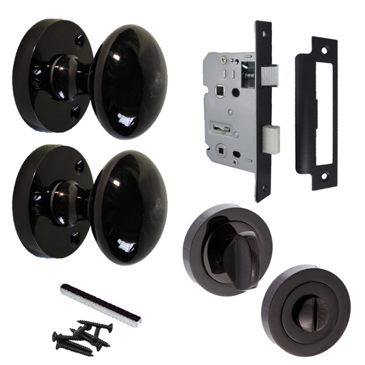 Boutons de porte ronds victoriens à mortaise à ressort - Serrure à bouton-poussoir en nickel noir, paquet de 56 mm