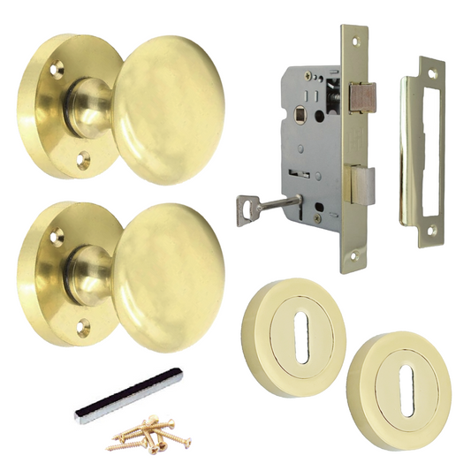 Boutons de porte ronds victoriens à mortaise, à ressort, avec écusson en laiton, serrure à clé, 56 mm