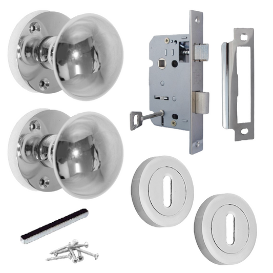 Boutons de porte ronds victoriens à mortaise à ressort - Serrure à clé chromée 56 mm