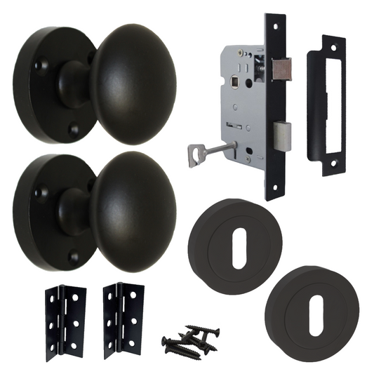 Boutons de porte ronds victoriens à mortaise à ressort - Noir mat - Serrure à clé - Paquet de 56 mm