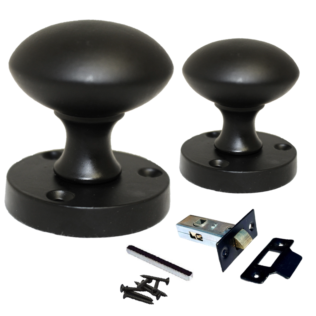 Boutons de porte ronds victoriens à mortaise à ressort - Loquet noir mat 56 mm