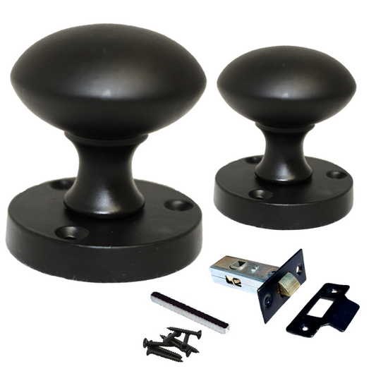 Boutons de porte ronds victoriens à mortaise à ressort - Loquet noir mat 56 mm