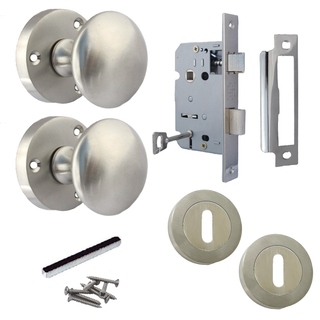 Boutons de porte ronds victoriens à mortaise, à ressort, avec écusson satiné et serrure à clé, 56 mm
