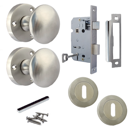 Boutons de porte ronds victoriens à mortaise, à ressort, avec écusson satiné et serrure à clé, 56 mm