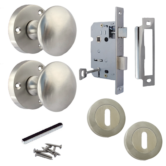 Boutons de porte ronds victoriens à mortaise, à ressort, avec écusson satiné et serrure à clé, 56 mm